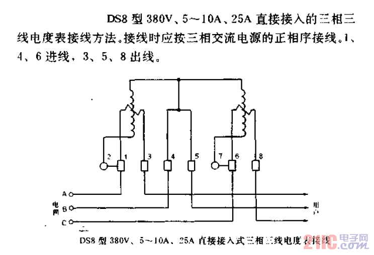 DS8型380V、5-10A、25A直接接入式<strong>三相三線</strong><strong>電度表</strong><strong>接線</strong>.gif