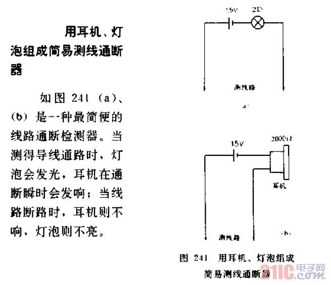 用<strong>耳機(jī)</strong>、<strong>燈泡</strong>組成簡易測線通斷器.gif