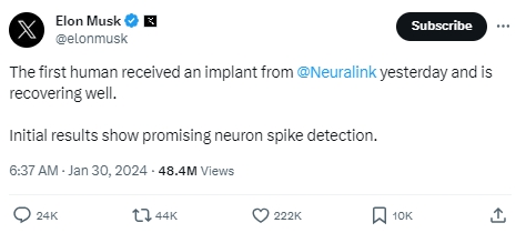 首位人類植入Neuralink腦機(jī)芯片，馬斯克：患者恢復(fù)良好！
