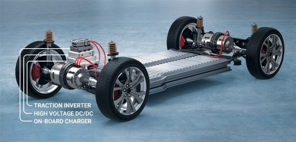 圖1：電動汽車動力總成，包括：牽引逆變器、高壓直流/直流和車載充電器