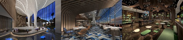 從左至右：常州星河萬麗酒店大堂效果圖、燃餐廳效果圖、逸庭吧效果圖