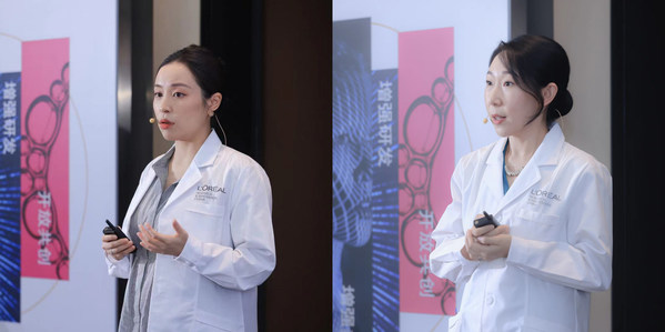 歐萊雅中國研發(fā)和創(chuàng)新中心科學(xué)產(chǎn)品溝通高級(jí)經(jīng)理 盛樂女士（左）歐萊雅中國研發(fā)和創(chuàng)新中心產(chǎn)品功效評(píng)估高級(jí)經(jīng)理 王鶴群博士（右）分享