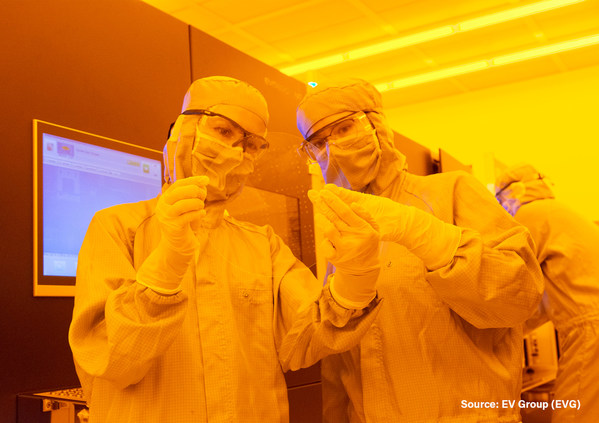 在EV Group 的NILPhotonics®能力中心，工藝工程師正在檢查200mm晶圓，該晶圓上的超構(gòu)透鏡是用Toppan Photomask生產(chǎn)的母版及EVG的納米壓印光刻(NIL)工藝復(fù)制而成。來(lái)源：EV Group。