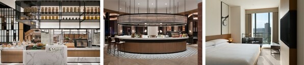 從左至右：西安浐灞喜來登酒店：&More by Sheraton 咖啡吧、橢圓吧（Oval Bar）西安浐灞萬楓酒店：萬楓大床房