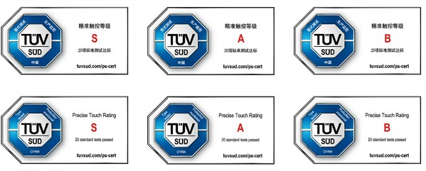 TÜV南德精準(zhǔn)觸控認(rèn)證，分為三個(gè)等級(jí)：S（最高）、A級(jí)、B級(jí)