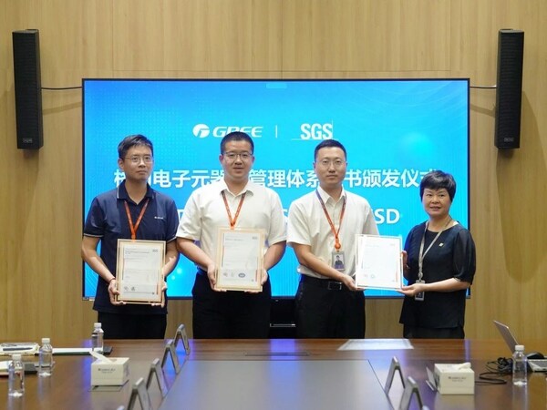 SGS為格力電器旗下珠海格力電子元器件有限公司頒發(fā)ISO 9001質(zhì)量管理體系、IATF 16949汽車質(zhì)量管理體系及ANSI/ESD S20.20-2021靜電防護管理體系認證證書